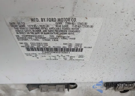 2012 Ford Taurus Sel из США, поврежденный, VIN 1FAHP2EWXCG142011